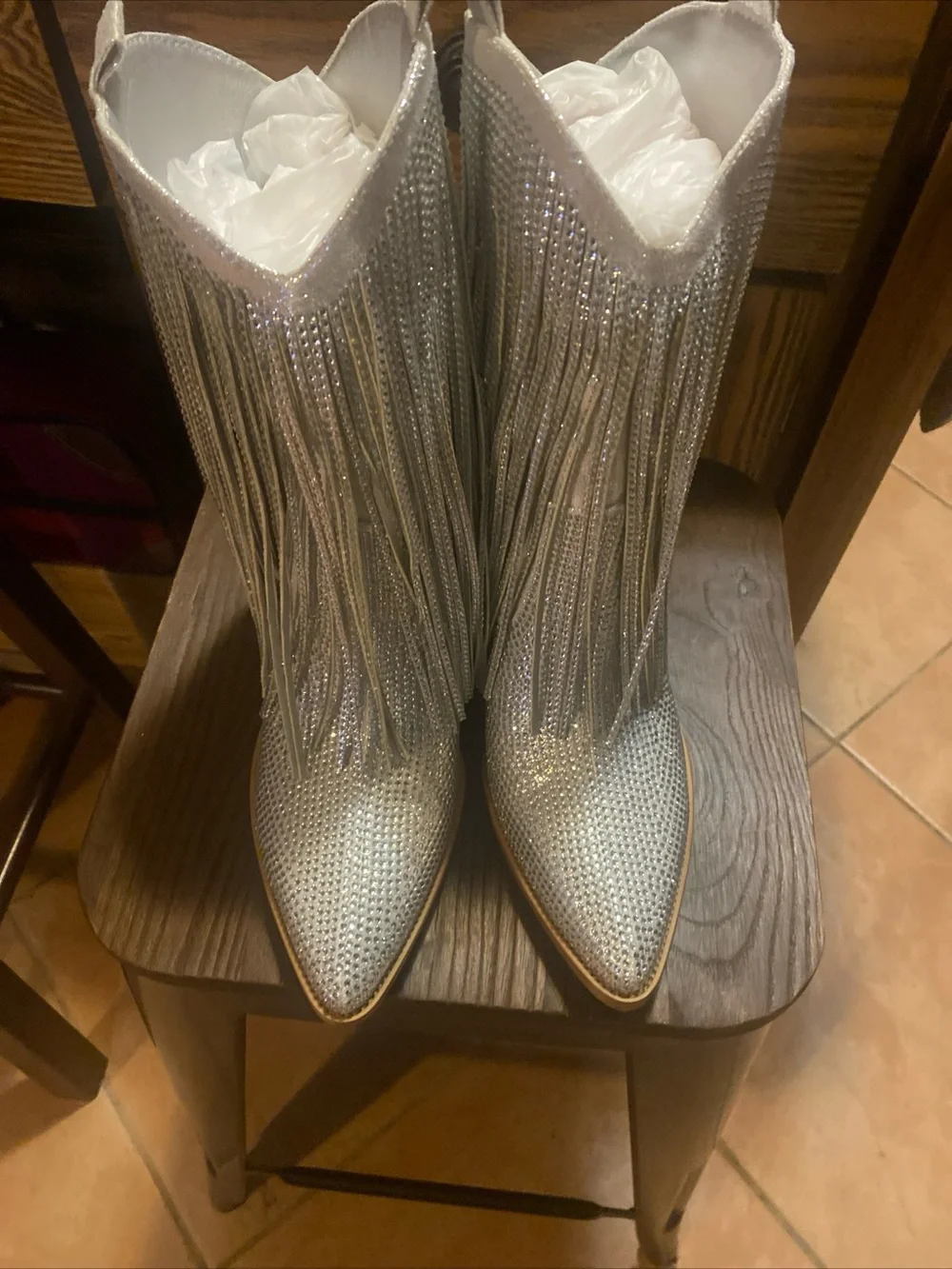 Fringe Metallic Pointed-Toe Western Ankle Boots - Silver